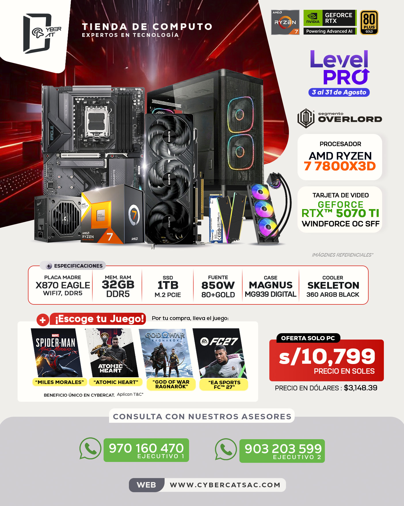 SEGMENTO OVERLORD - RYZEN 7 7800X3D - RTX 5070 TI - 32GB RAM - 1TB SSD - 850W 80+GOLD