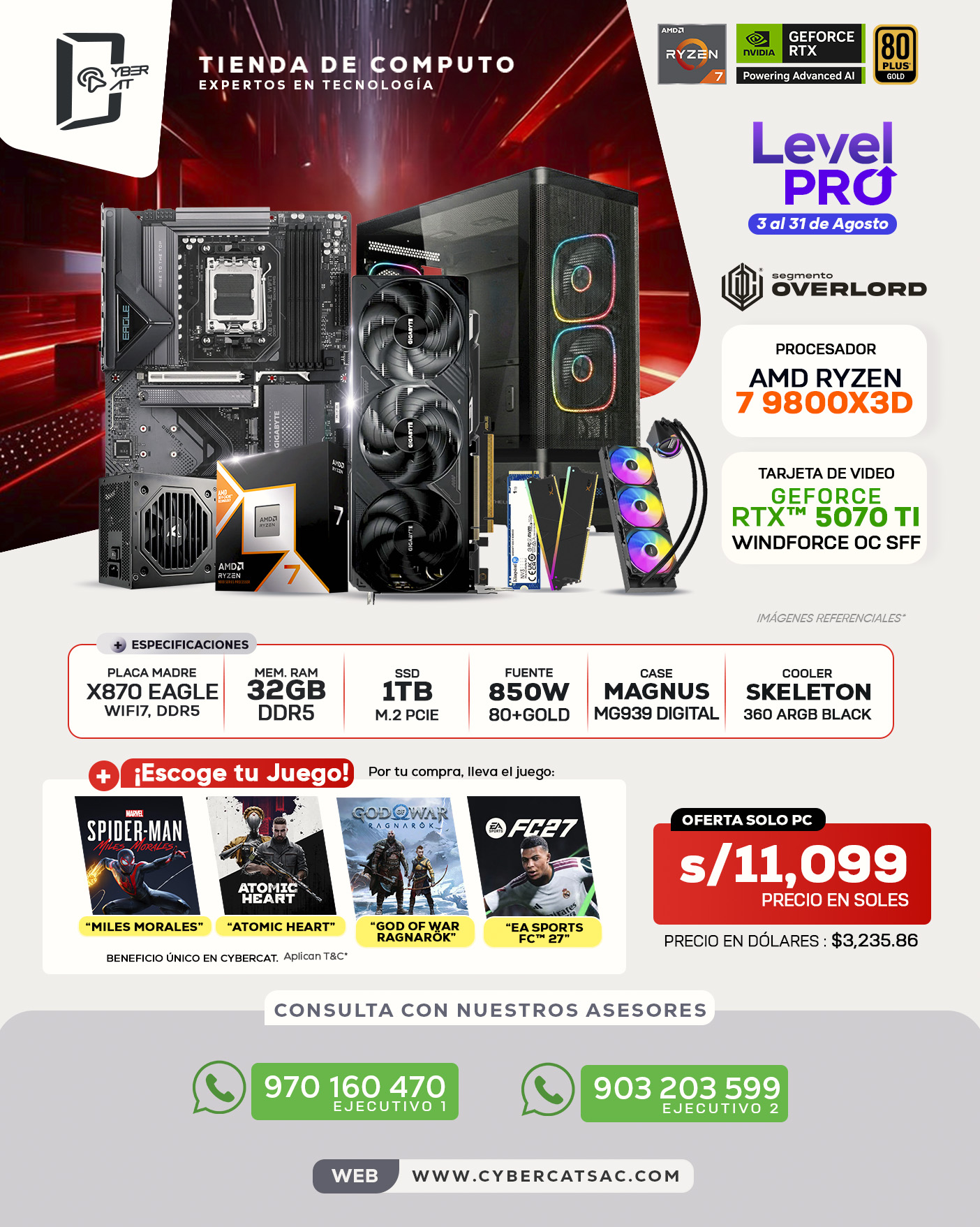 SEGMENTO OVERLORD - RYZEN 7 9800X3D - RTX 5070 TI - 32GB RAM - 1TB SSD - 850W 80 PLUS GOLD