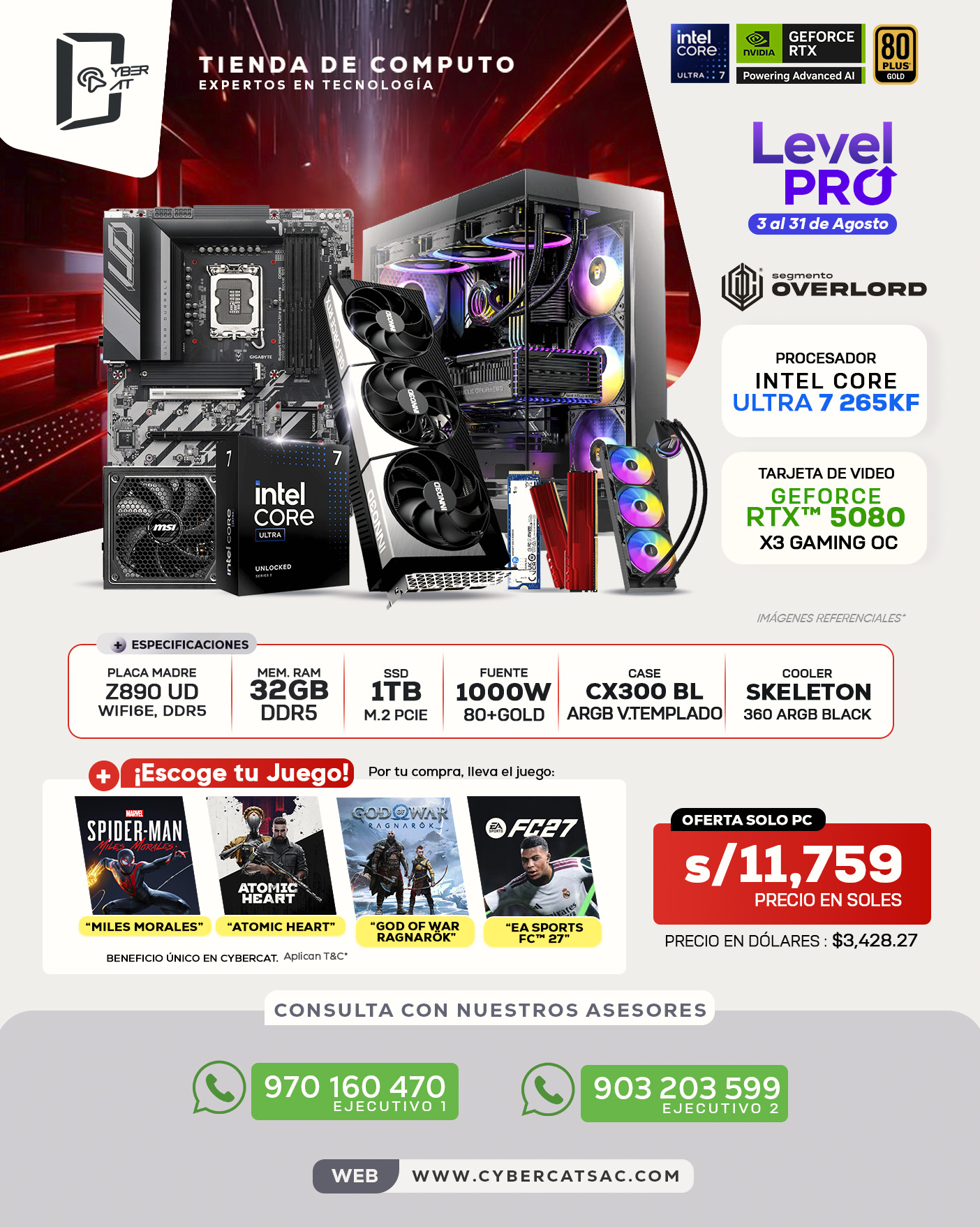 SEGMENTO OVERLORD - ULTRA 7 265KF - RTX 5080 - 32GB RAM - 1TB SSD - 1000W 80 + GOLD
