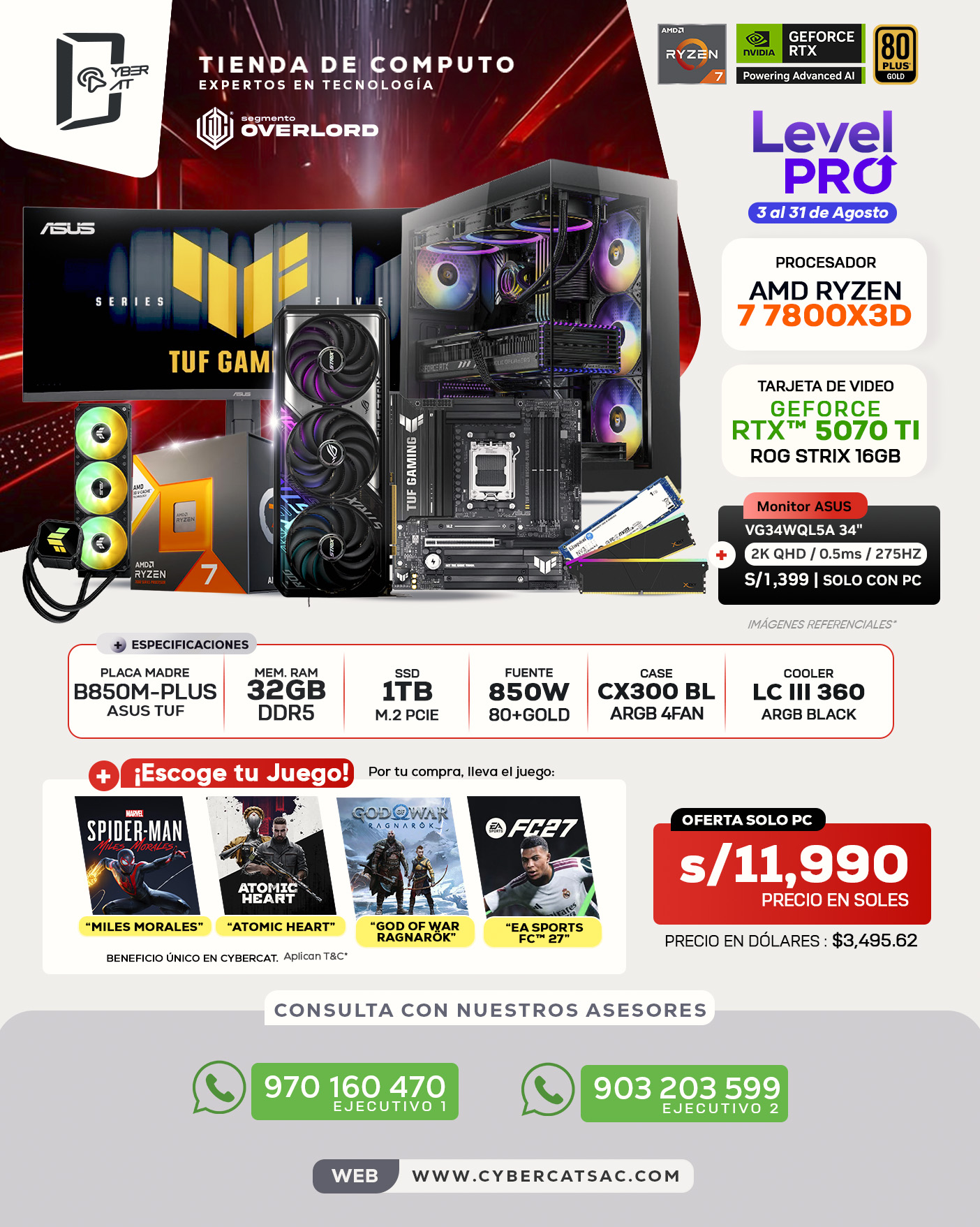 SEGMENTO OVERLORD - RYZEN 7 7800X3D - RTX 5070 TI ROG STRIX - 32GB RAM - 1TB SSD - 850W 80 + GOLD