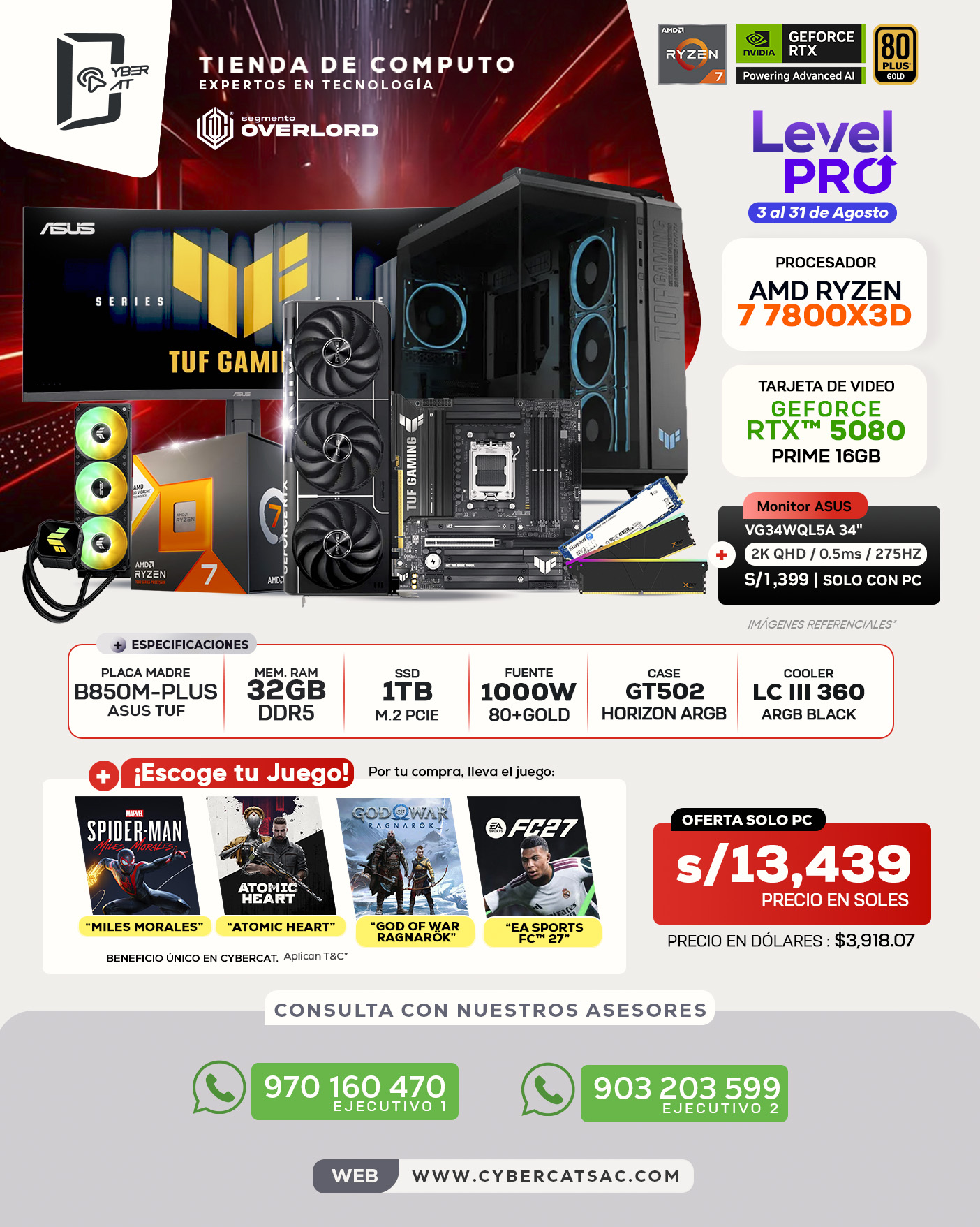 SEGMENTO OVERLORD - RYZEN 7 7800X3D - RTX 5080 PRIME - 32GB RAM - 1TB SSD - 1000W 80 PLUS GOLD