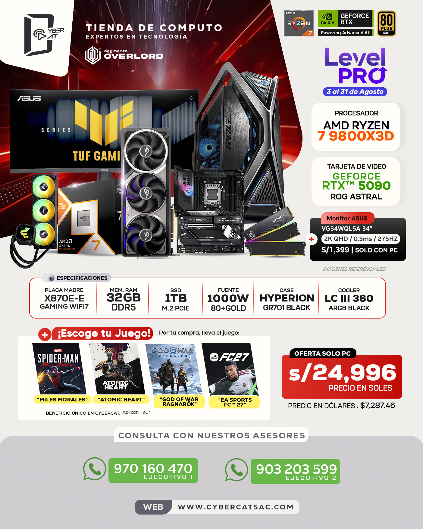 SEGMENTO OVERLORD - RYZEN 7 9800X3D - RTX 5090 - 32GB RAM - 1TB SSD - 1000W 80 PLUS GOLD