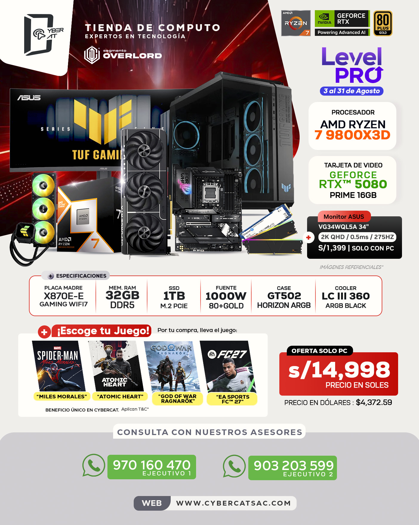 SEGMENTO OVERLORD - RYZEN 7 9800X3D - RTX 5080 - 32GB RAM - 1TB SSD - 1000W 80 + GOLD