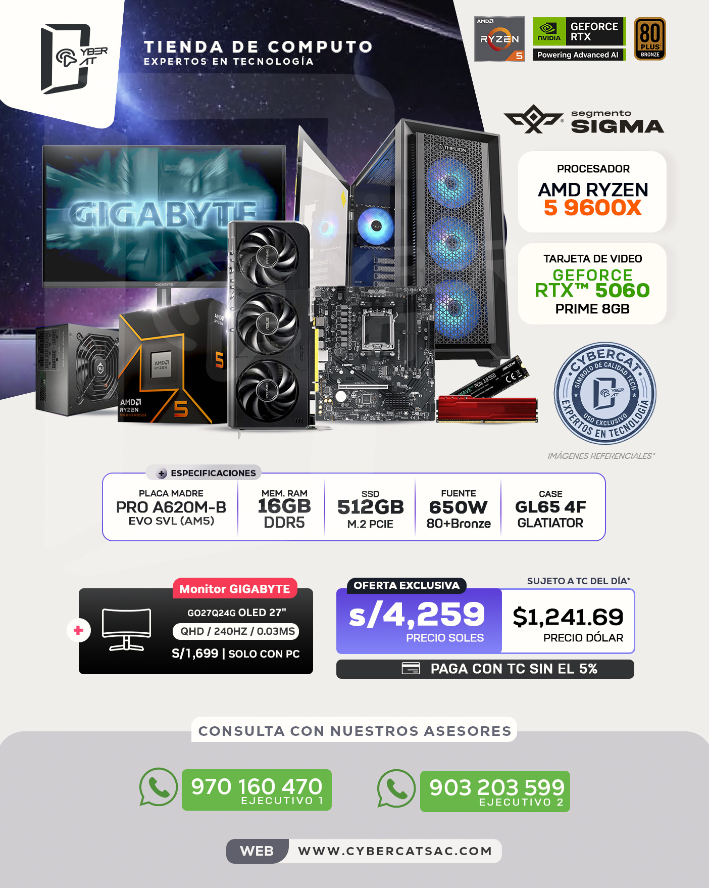 SEGMENTO SIGMA - RYZEN 5 9600X - RTX 5060 - 16GB RAM - 512GB SSD - 650W 80 PLUS BRONZE