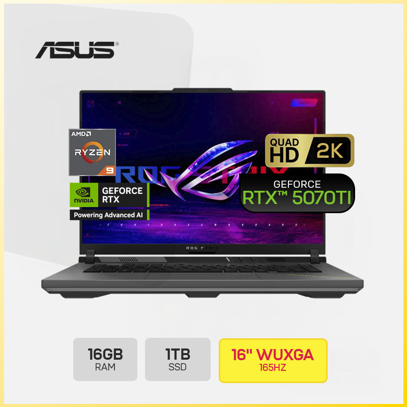 ASUS ROG STRIX G16 G614PR-G16.R95070TI / AMD Ryzen 9-8940HX / 16GB (8*2)DDR5 / 1TB SSD / 16"WUXGA -165HZ / TECLADO AMERICANO RGB / NVIDIA GEFORCE RTX5070TI 12GB / WINDOWS 11 HOME / BATERIA 4 CELL / COLOR.ECLIPSE GRAY
