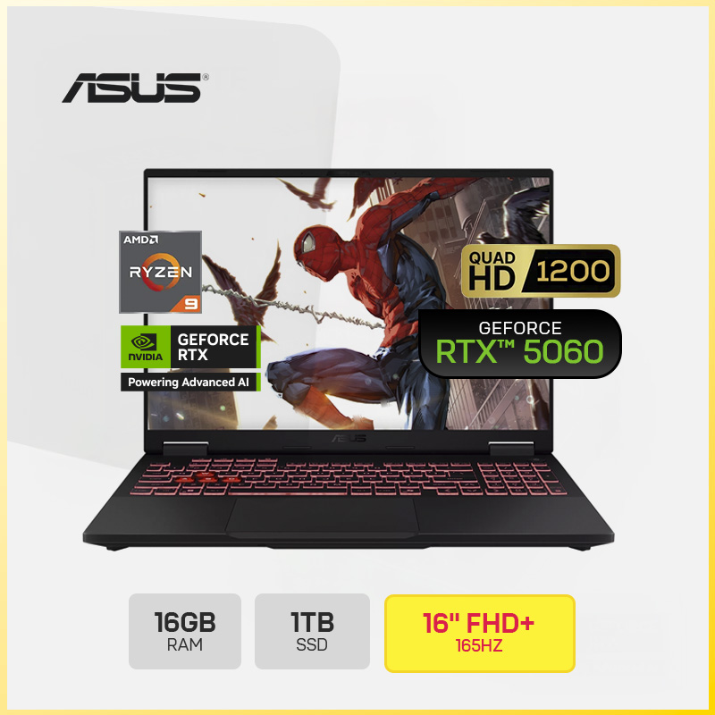 ASUS TUF GAMING A16 FA608PM-RV083W / AMD RYZEN 9-8940HX / 16GB DDR5 (EXP64GB) / 1TB SSD / 16" FHD+ 165HZ / TECLADO LATINOAMERICANO RETROILUMINADO RGB / NVIDIA GeForce RTX 5060 8GB / FREE DOS / BATERIA 4 CELL