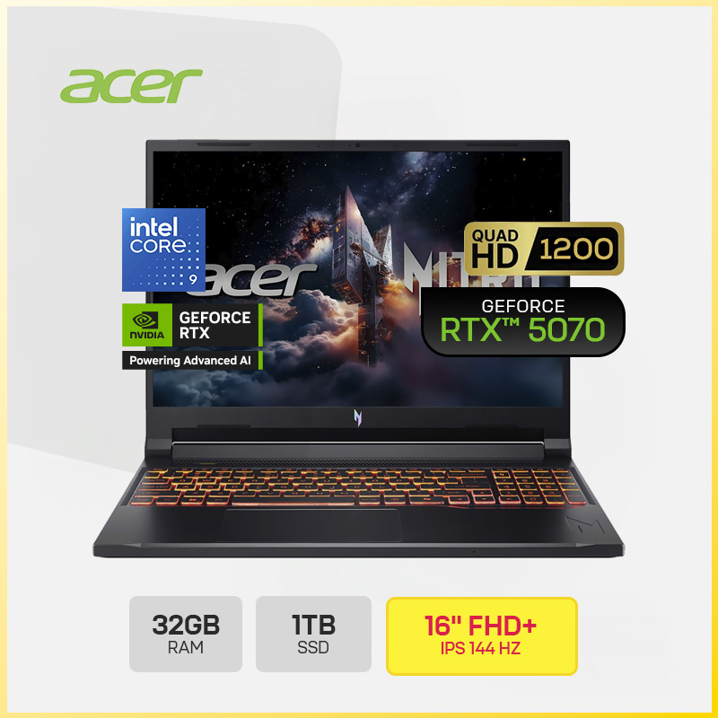 ACER NITRO V 16 AI ANV16-72-933F / INTEL CORE 9-270H / 32GB DDR5 / 1TB SSD / NVIDIA GEFORCE RTX 5070 8GB / 16" FHD+ (1920X1200) IPS 144 HZ / WINDOWS 11 HOME / TECLADO INGLES (AMERICANO) / BLACK