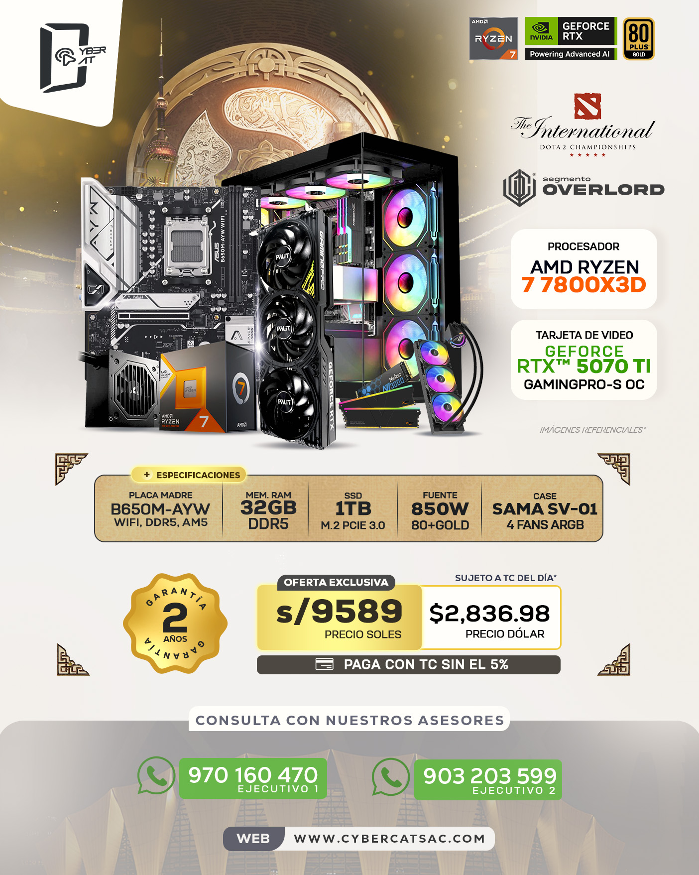 SEGMENTO OVERLORD - RYZEN 7 7800X3D - RTX 5070 TI GAMINGPRO-S OC - 32GB RAM - 1TB SSD - 850W 80+GOLD