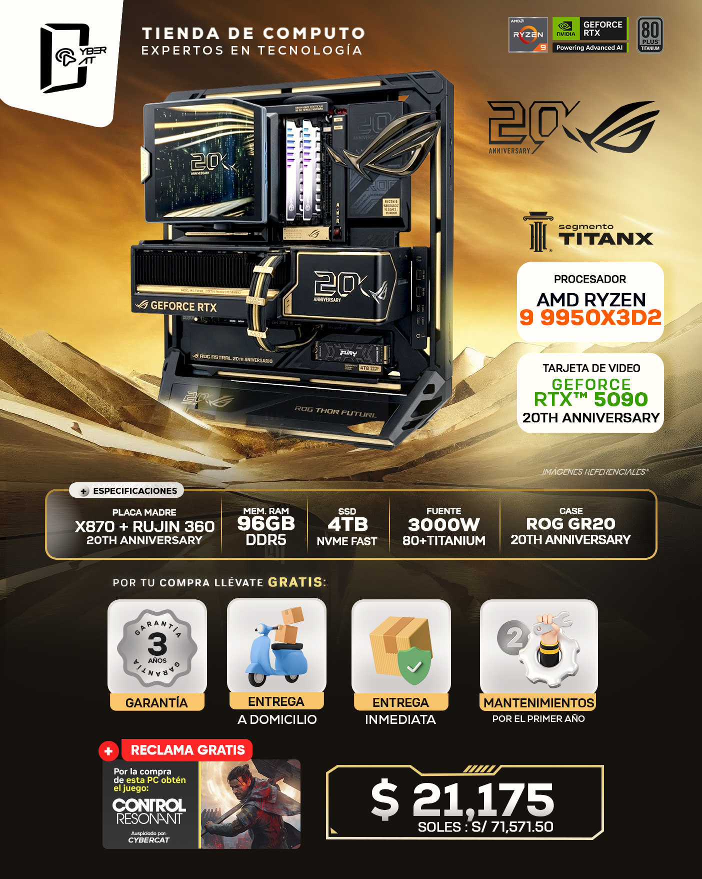 SEGMENTO TITAN X - RYZEN 9 9950X3D2 - RTX 5090 20TH ANNIVERSARY - 96GB DDR5 - 4TB SSD - 3000W 80+ TITANIUM