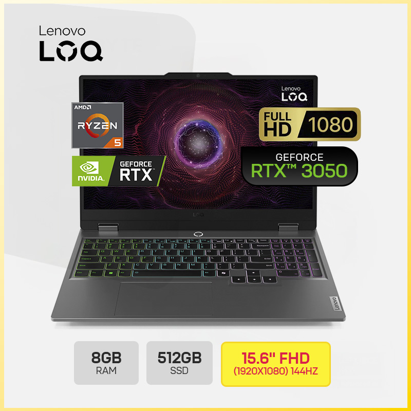 LAPTOP LENOVO LOQ 15ARP9 (83JC00MKLM) / AMD Ryzen 5-7235HS / 8GB DDR5 / 512GB SSD / 15.6"FHD -144HZ / TECLADO LATINOAMERICANO RETROILUMINADO / NVIDIA GeForce RTX3050 6GB / WINDOWS 11 HOME / BATERIA 4 CELL / COLOR LUNA GREY