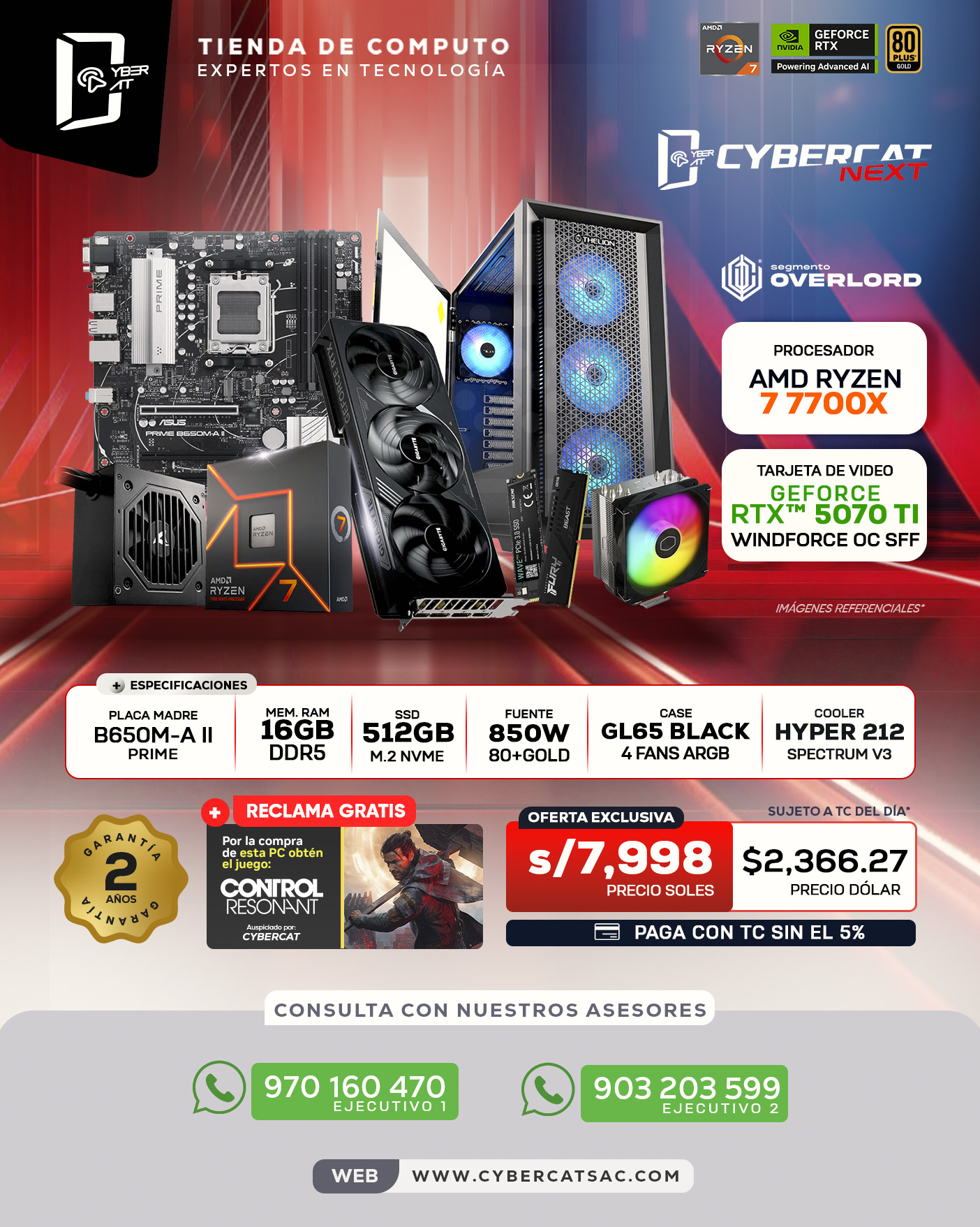SEGMENTO OVERLORD - RYZEN 7 7700X - RTX 5070 TI - 16GB RAM - 512GB SSD - 850W 80 PLUS GOLD