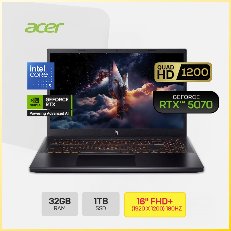 ACER NITRO V 16 ANV16-72-933F GAMING / INTEL CORE 9 270H / 1TB SSD / 32GB DDR5  / 16 FHD+ (1200X1920) / NVIDIA RTX 5070 / 8192MB / WIN 11 COLOR BLACK