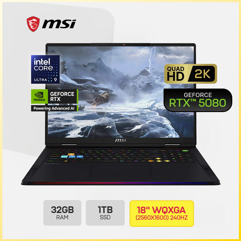 MSI RAIDER 18 HX AI A2XWIG-420 GAMING / Core&trade; Ultra 9 285HX / 1TB SSD / 32GB RAM / 18" (2560x1600) 240Hz / WIN11 / NVIDIA&reg; RTX 5080 / 16384MB CORE / BLACK RGB Backlit Keyboard 