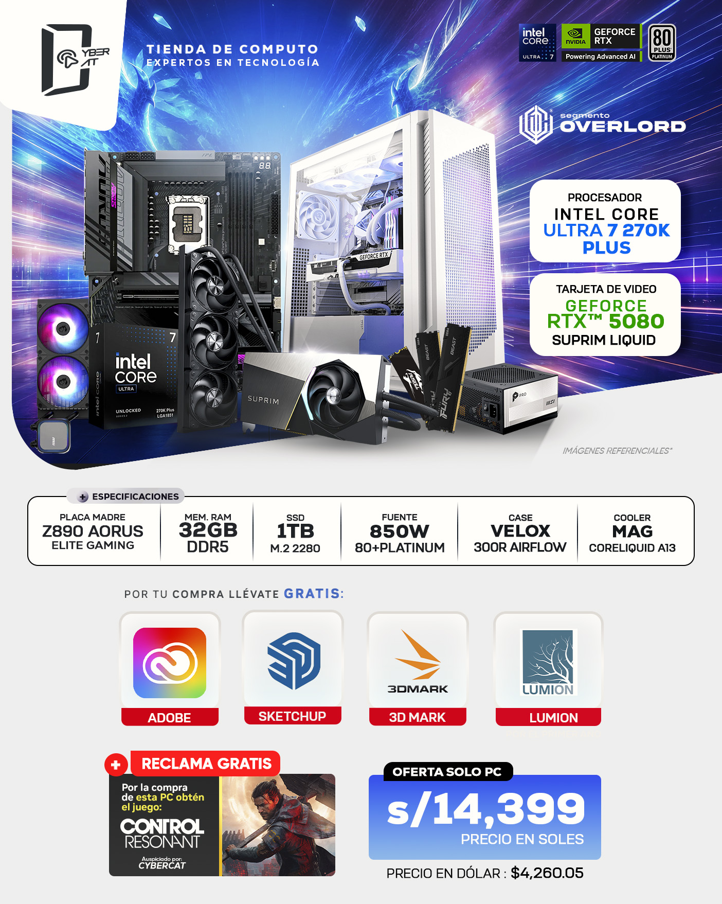 SEGMENTO OVERLORD - ULTRA 7 270K PLUS - RTX 5080 SUPRIM - 32GB RAM - 1TB SSD - 850W 80 PLUS PLATINUM