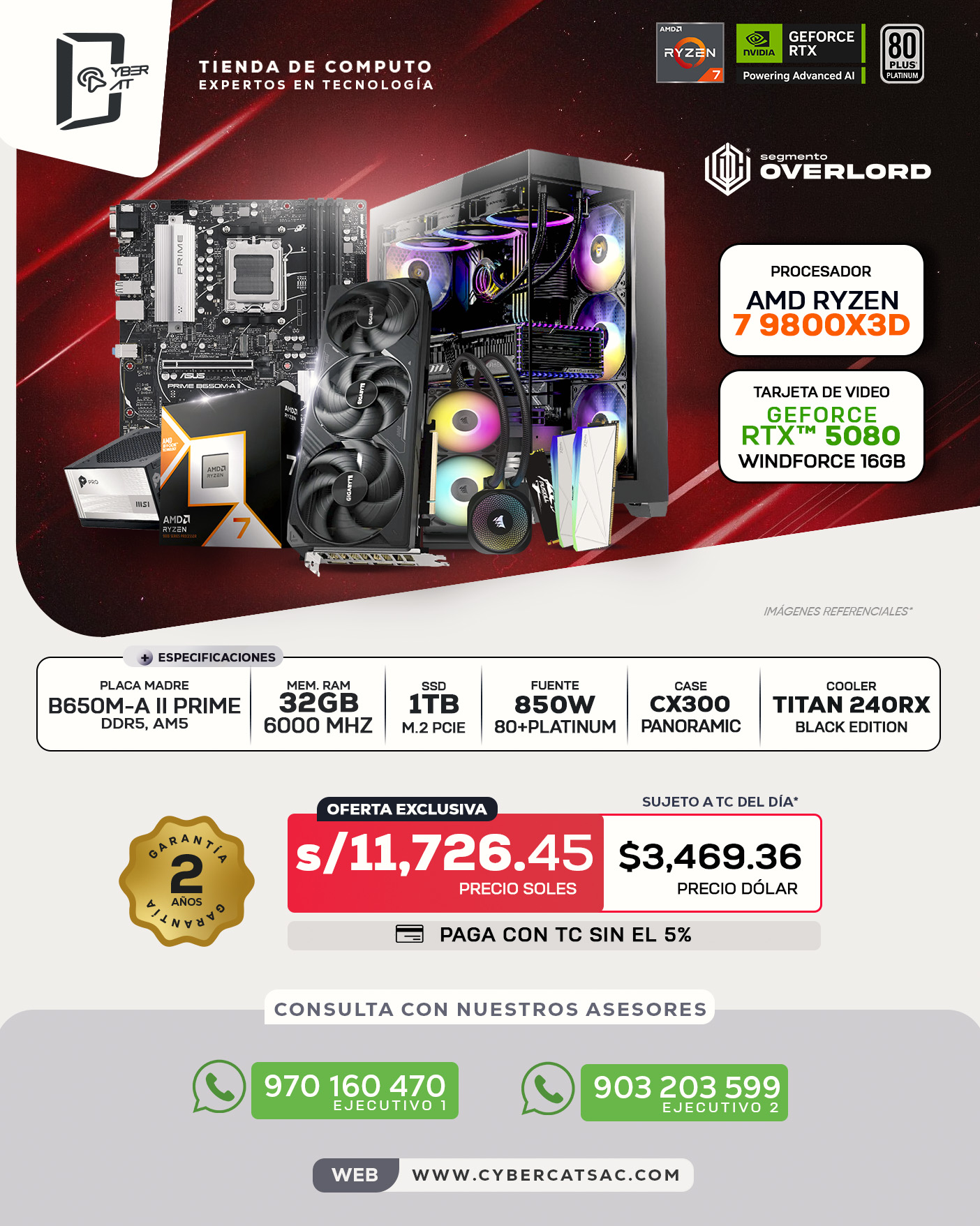 SEGMENTO OVERLORD - RYZEN 7 9800X3D - RTX 5080 WINDFORCE - 32GB RAM - 1TB SSD - 850W 80 + PLATINUM