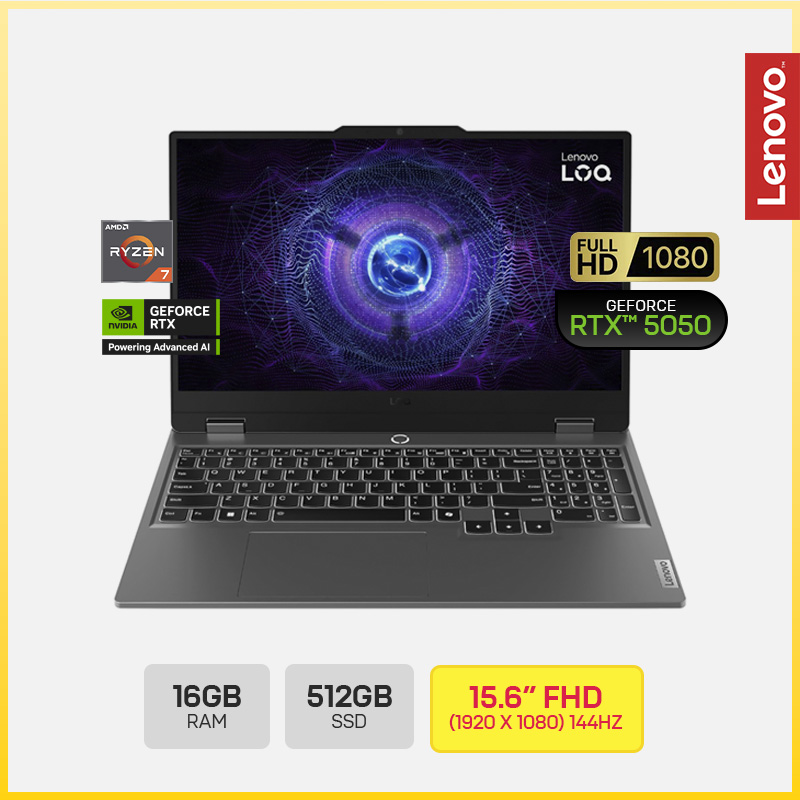 LENOVO LOQ ESENCIAL 15ARP11 (83VA001PUS) / AMD RYZEN 7-170 / 16GB DDR5 / 512GB SSD / 15.6" FHD -144HZ / NVIDIA GEFORCE RTX 5050 8GB / TECLADO AMERICANO RETROILUMINADO / WINDOWS 11 HOME / BATERIIA 3 CELL / COLOR ECLIPSE BLACK 