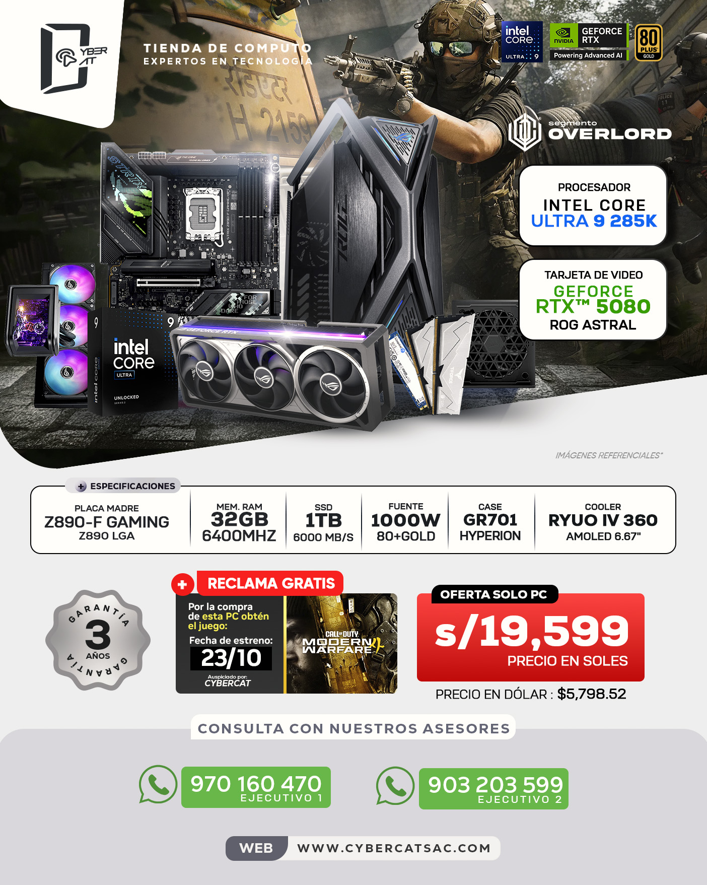 SEGMENTO OVERLORD - ULTRA 9 285K - RTX 5080 ROG ASTRAL - 32GB RAM - 1TB SSD - 1000W 80+PLUS GOLD 
