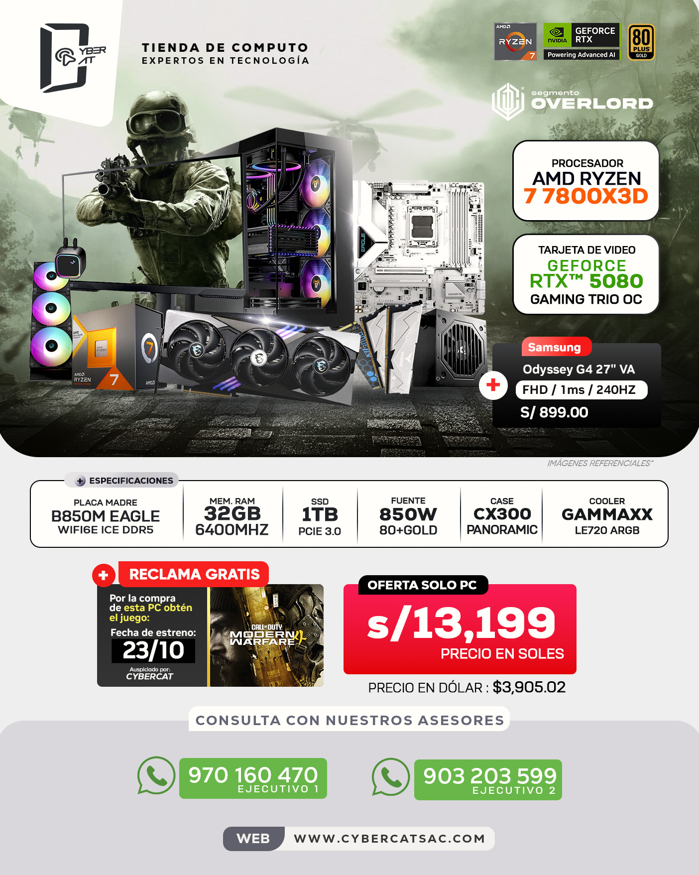 SEGMENTO OVERLORD - RYZEN 7 7800X3D - RTX 5080 16GB GAMING TRIO OC - 32GB RAM - 1TB SSD - 850W 80 PLUS GOLD 