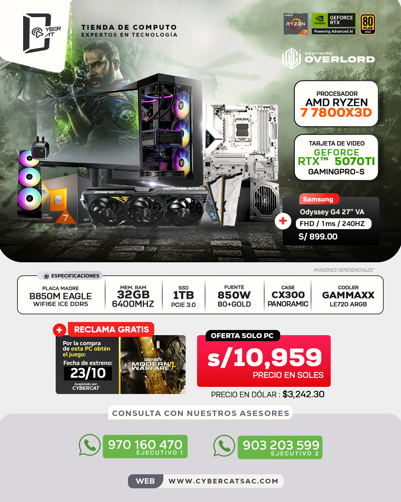 SEGMENTO OVERLORD - RYZEN 7 7800X3D - RTX 5070 TI - 32GB RAM - 1TB SSD - 850W 80 PLUS GOLD