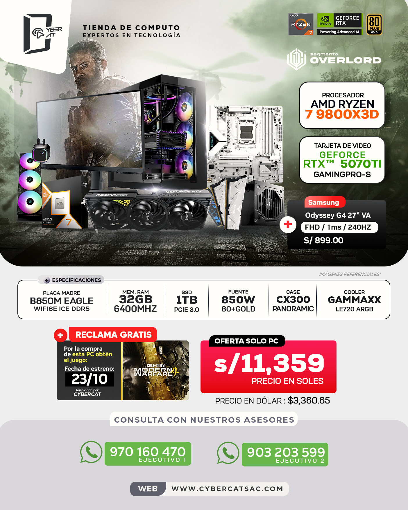 SEGMENTO OVERLORD - RYZEN 7 9800X3D - RTX 5070 TI - 32GB RAM - 1TB SSD - 850W 80 + GOLD