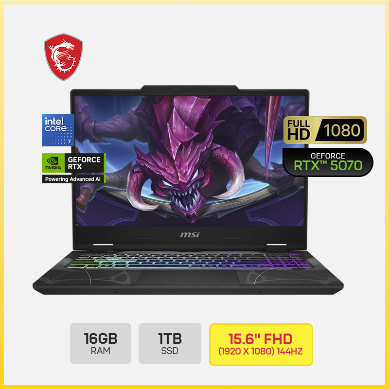 MSI CYBORG 15 B2RWGKG-409US (957-15Q342-409) / Intel Core 7-240H / 16GB DDR5 / 1TB SSD NVME M.2 / NVIDIA GEFORCE RTX5070 8GB / PANTALLA 15.6" FHD 144HZ / WINDOWS 11 HOME / TECLADO: AMERICANO RETROILUMINADO RGB / COLOR BLACK / 4 CELL / USB2 / USB-C1 / HDMI