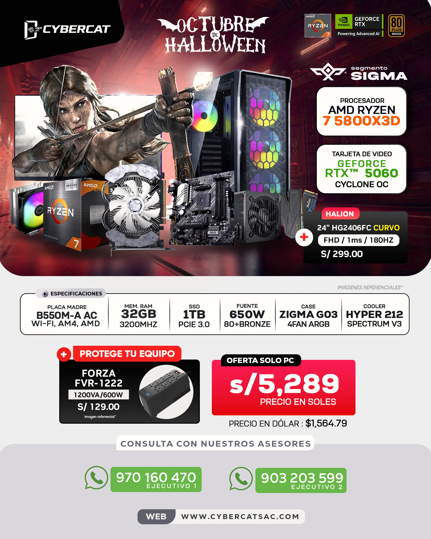 SEGMENTO SIGMA - RYZEN 7 5800X3D - RTX 5060 8GB CYCLONE - 32GB RAM - 1TB SSD - 650W 80+BRONZE 