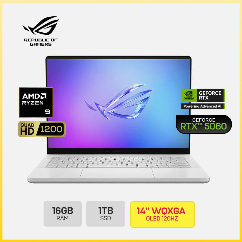 ASUS ROG ZEPHYRUS G14 GA403UM-G14.R9HX4 / RYZEN 9-270 / 16GB RAM / 1TB SSD / 14"WQXGA OLED 120HZ / NVIDIA GEFORCE RTX5060 8GB / TECLADO AMERICANO RGB / WINDOWS 11 HOME/BATERIA 4 CELL / COLOR PLATIUM WHITTE / WIFI7/USB*2/USB C*1/HDMI*1/90NR0M82-M00320