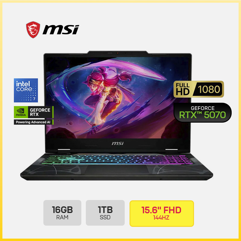 MSI CYBORD 15 B2RWGKG-409US / Intel Core 7-240H / 16GB DDR5 / 1TB SSD NVME M.2 / NVIDIA GEFORCE RTX 5070 8GB / PANTALLA 15.6" FHD 144HZ / WINDOWS 11 HOME / TECLADO: AMERICANO RETROILUMINADO RGB / COLOR BLACK / 4 CELL / USB*2/USB-C*1/HDMI*1/RJ45*1/WIFI6